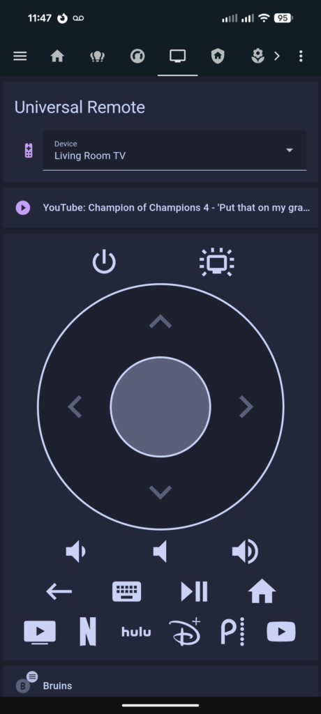 Home Assistant remote dashboard showing TV control with circlepad navigation and streaming app buttons