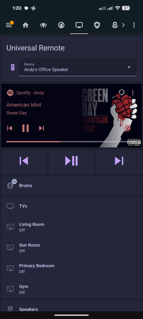 Home Assistant remote dashboard speaker view displaying Spotify media info and volume controls